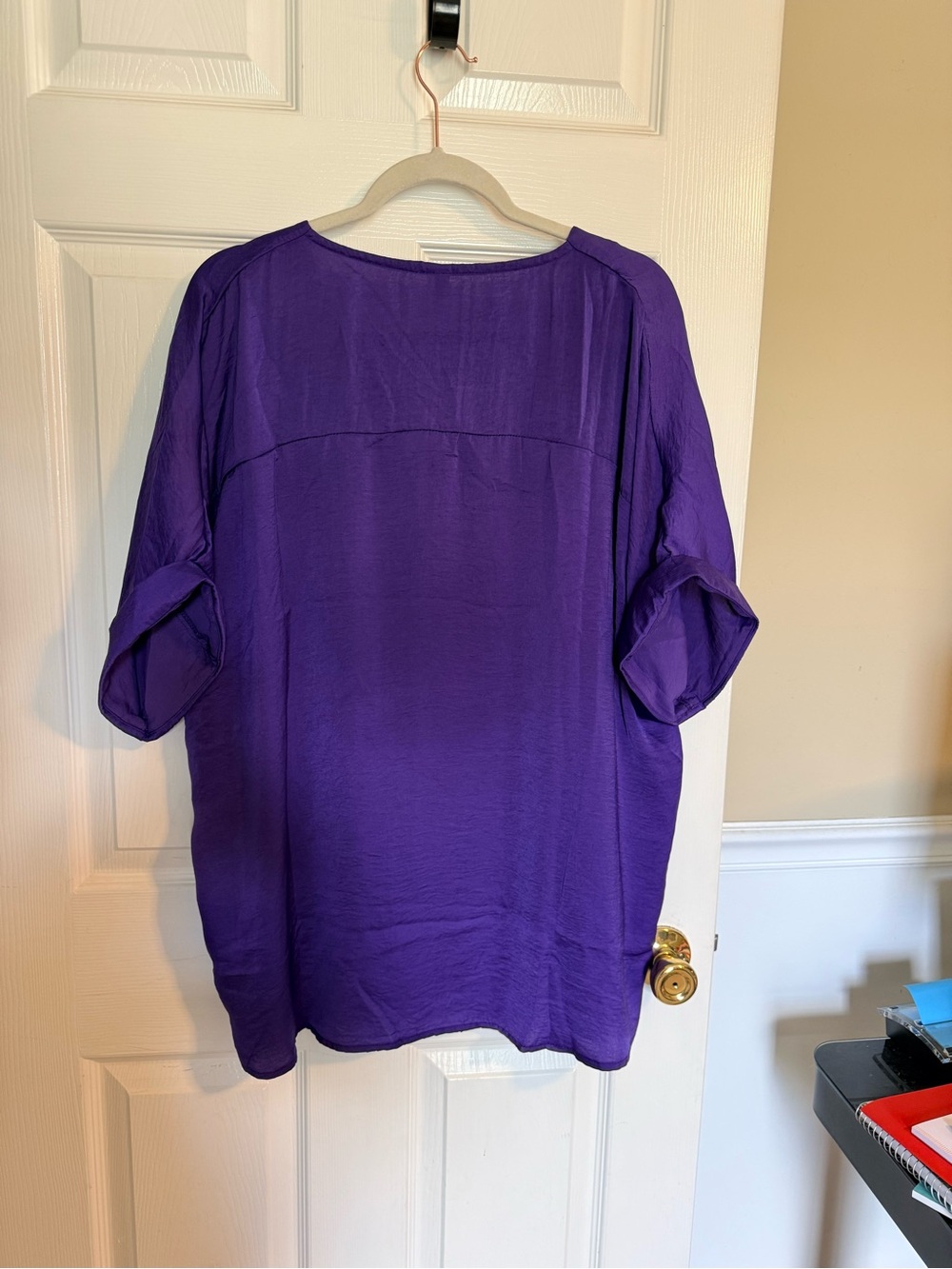 glam Royal Purple V-Neck Roll-Sleeve Blouse - Picture 2 of 2